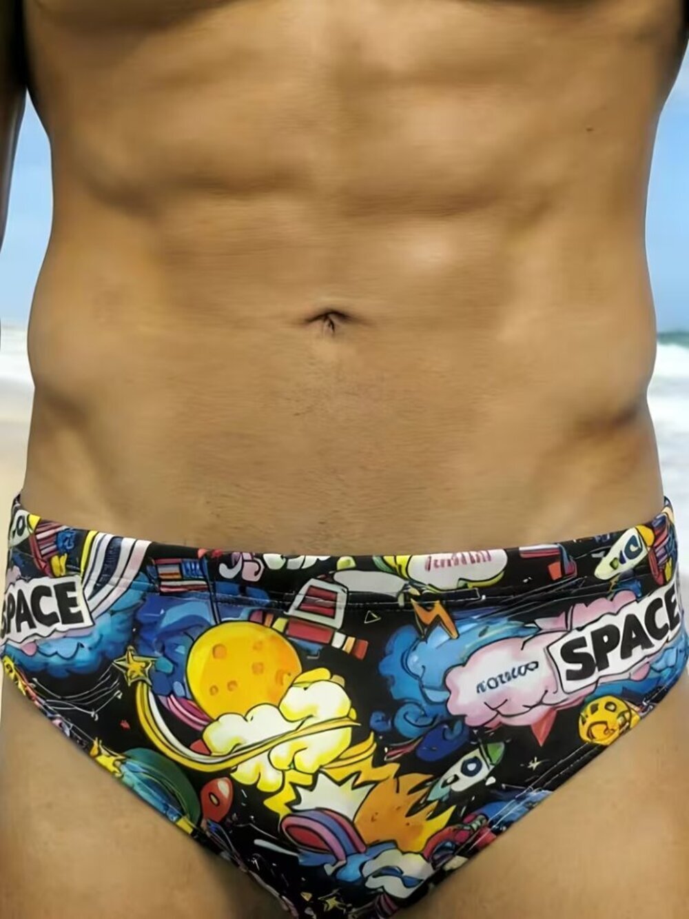 Men's Space Print Swim Briefs Colorful Novelty Beach Pool Swimwear Size M